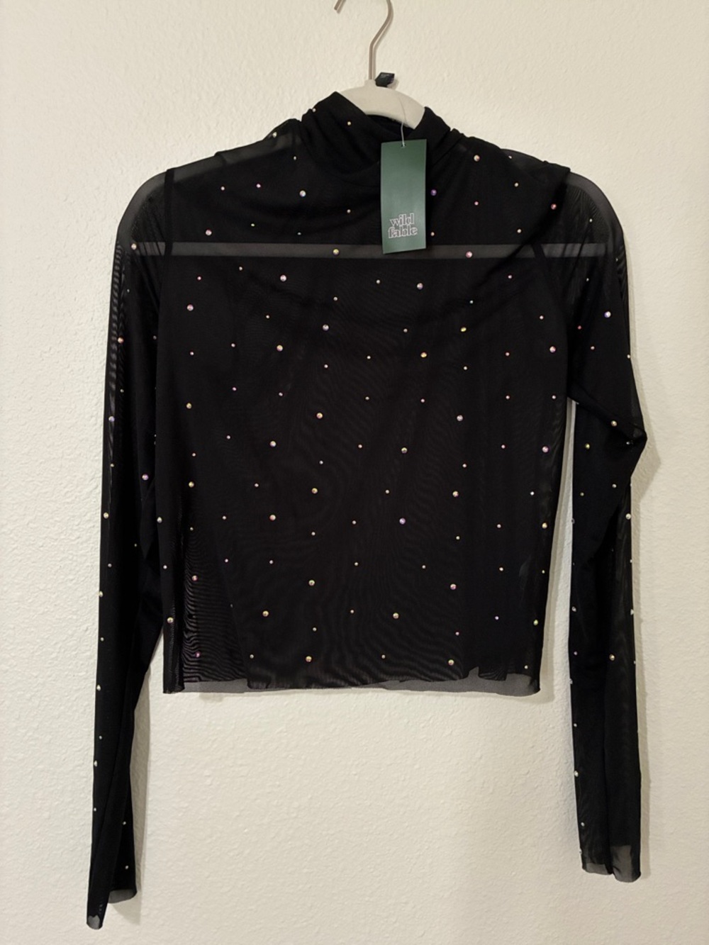 wild fable Black Sheer Long-Sleeve Rhinestone Mock Neck Top